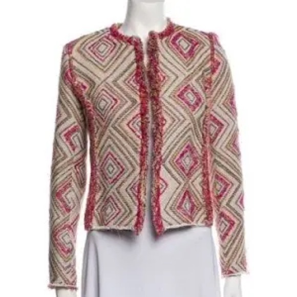 IRO Kolie Jacket Women's 42 Jacquard Geo Patterned Fringe Tweed Beige Pink - Picture 4 of 7